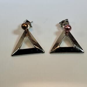 Geometric Silver Triangle Earrings with Pink and Gold Pearls, Modern Minimalist
